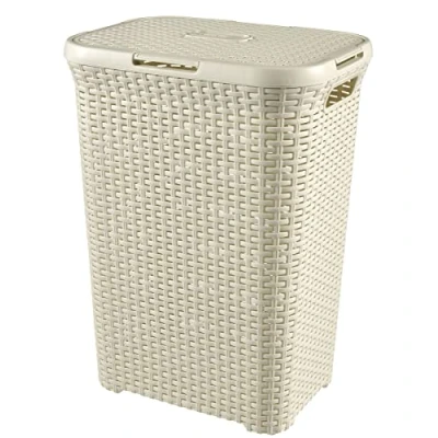 Imagen de Curver 189207 Cesta de ropa Natural Style, con tapa natural, 42.8 x 32.1 59.5 cm, color blanco, 60 l