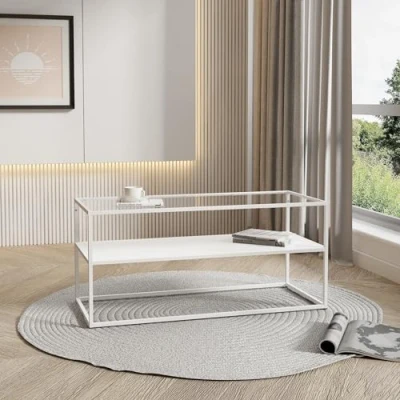 Imagen de [en.casa] Mesa de Centro Rectangular con 1 Estante Diseño Industrial Baja para Salón Sala Espera Tablero Cristal Templado Acero 102 x 43 46 cm Blanco Mate