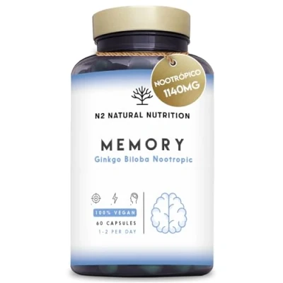 Imagen de GINKGO BILOBA Nootropico. Vitamina B12 y B6, Bacopa monnieri, Cafeina. Mejor Memoria, Concentración. Cansancio Mental, Fatiga, Ansiedad. Antioxidante. Vegano 60 cápsulas N2 NaturalNutrition