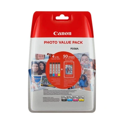 Imagen de Canon CLI 571XL, Cartucho de Tinta Original, Multipack, 4 Cartuchos Independientes, Color Negro, Magenta, Cian, Amarillo, Incluye 50 Hojas Papel Fotográfico x 6