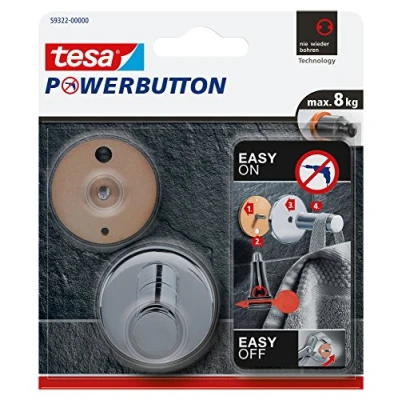 Imagen de tesa Powerbutton Gancho Adhesivo Universal para Pared Montaje sin Taladrar Alta Fuerza de Fijación hasta 8 kg con Tecnología Grande Cromado