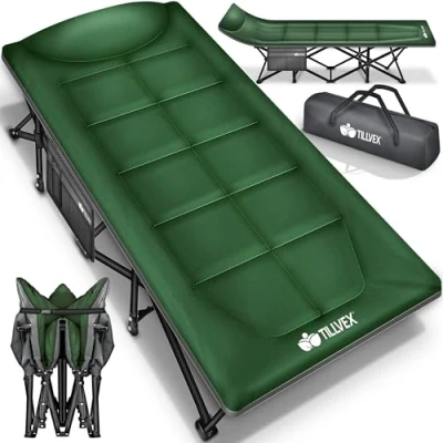 Imagen de tillvex® Cama de camping plegable con bolsa transporte hasta 200 kg Tumbona extra ancha para exteriores e interiores invitados jardín,