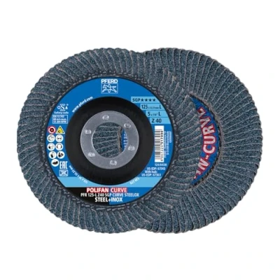 Imagen de PFERD Disco de láminas Polifan Curve, 2 unidades, diámetro 125 mm, ancho L (14 mm), Z40, SGP STEELOX 69398196 para el mecanizado preciso costuras empalme