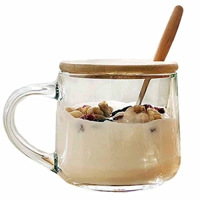Imagen de TAMUME 380ML Tazón de Vidrio para Cereales Microondas, Taza Desayuno con Tapa Madera y Cuchara