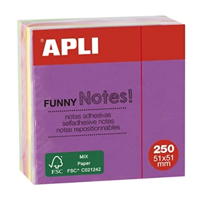 Imagen de APLI 11596 Notas adhesivas FUNNY 51 x mm mini cubo de 250 hojas 5 colores surtidos fluorescente