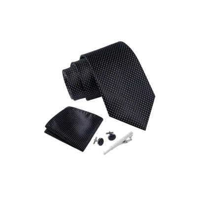 Imagen de Massi Morino Corbatas de hombre Negro Punteado y pañuelos con gemelos, clip corbata set Accesorio traje modernas para boda