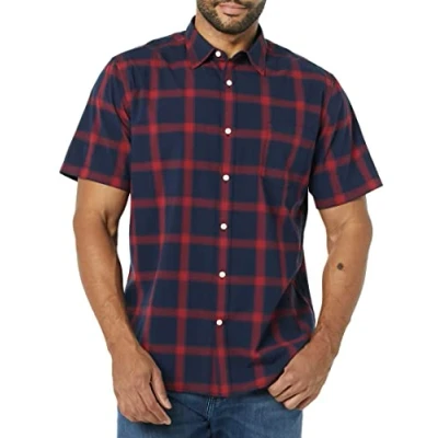 Imagen de Amazon Essentials Camisa de Popelín Manga Corta y Ajuste Entallado Hombre, Azul Marino Rojo Cuadros Vichy Grandes, S