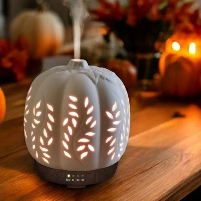 Imagen de Earnest Living Difusor de aceites esenciales cerámica para Halloween, otoño, calabaza, 250 ml, temporizadores, luces nocturnas y apagado automático, humidificador oficina en casa, difusores