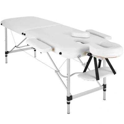 Imagen de tectake® Camilla Masaje Plegable y Ajustable en Altura, Estética Profesional de Aluminio, Fisioterapia, Quiromasaje, Tatoos, 2 Zonas, con Cojines Bolsa Transporte Blanco