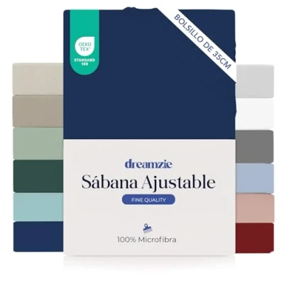 Imagen de Dreamzie Sabanas 90x190 cm Esquinas de 35 para Colchones Gruesos 100% Microfibra, Azul Oscuro, Certificada sin Productos Químicos (Oeko Tex), Bajeras Completamente Elásticas