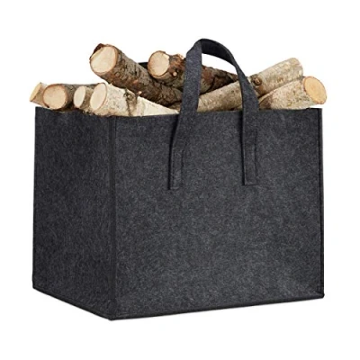 Imagen de Relaxdays Bolsa para Leño con Asas Largas, Fieltro, Gris Antracita, 36.5x43x35 cm
