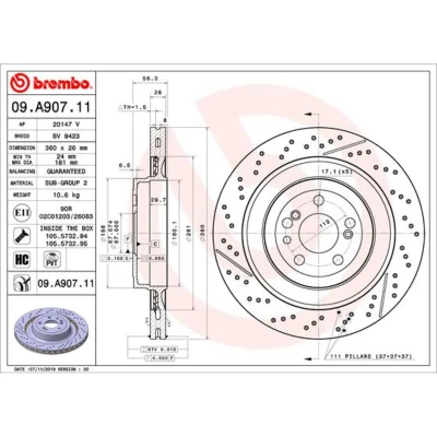 Imagen de BREMBO 09.A907.11 Disco de freno 360 26 5 perforado/ventil. int., ranurado revestido altamente carbonizado con tornillos