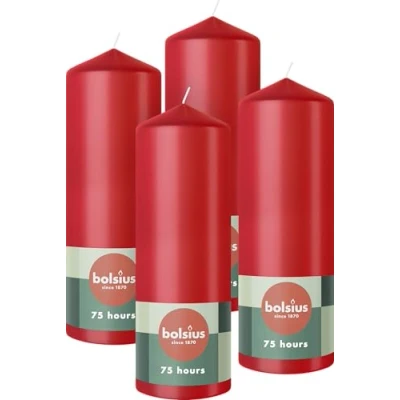 Imagen de Bolsius Pillar Candles Velas decorativas para el hogar 4 unidades, 20 x 7 cm, 75 horas de combustión, sin perfume, 5% cera vegana natural, aceite palma, color rojo Valentin