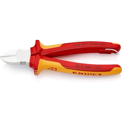 Imagen de Knipex Alicate de corte diagonal cromado, Aislado con fundas multicomponente, homologado por VDE; anilla fijación aislada e integrada para colocar una protección anticaída 180 mm 70 06 T