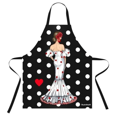 Imagen de IllustrArte Delantal de cocina lavable y cómodo con diseño flamenca Maite fondo negro lunares blancos.