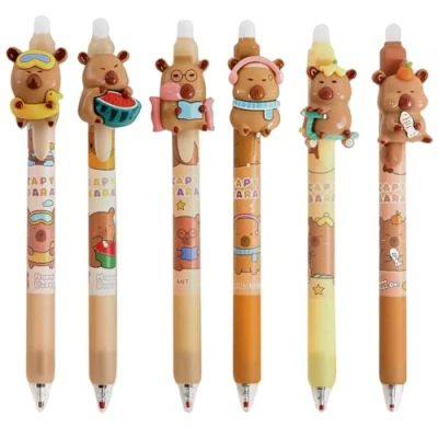 Imagen de SKIPTHYBER Bolígrafo borrable, 6 unidades de bolígrafos Capybara, bonitos dibujos animados, 0,5 mm, juego gel borrables para útiles escolares, suministros oficina, estudiantes
