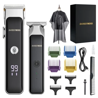 Imagen de BarberBoss Cortapelos y barba portátil para hombre, con hoja de cerámica, esfera precisión, peines guía, carga USB, pantalla rojo/verde, QR 2682