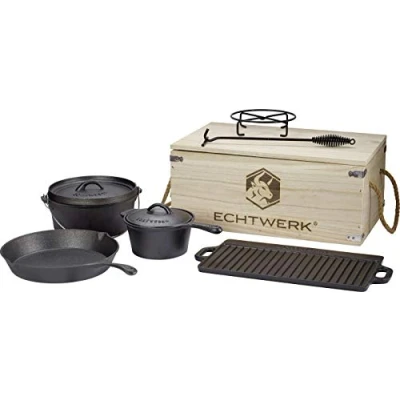 Imagen de Echtwerk juego de Dutch Oven en caja madera, 7 piezaz, curado, cacerola, plancha para asar, sartén, levantador tapa, pasavasos