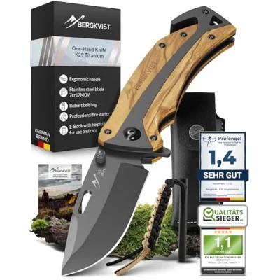 Imagen de BERGKVIST K29® Titanium Cuchillo plegable Navaja de bolsillo 3 en 1 con rompecristales y cortacinturones Ganadora del premio Bronze A&#039; Design Award 2021 Mango madera olivo
