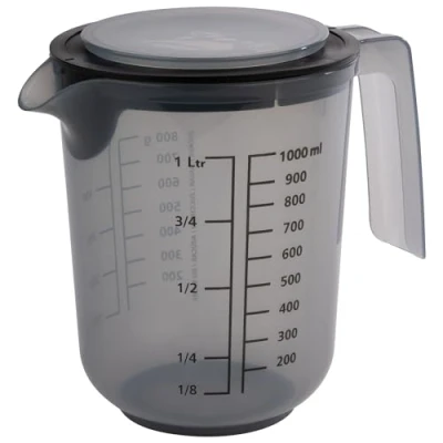 Imagen de APS 30072 Jarra medidora con tapa, escalas de medición para líquidos (l/ml), azúcar (g) y harina (g), volumen 1 litro/diámetro 12,5 cm/altura 16 cm/apto lavavajillas, color gris