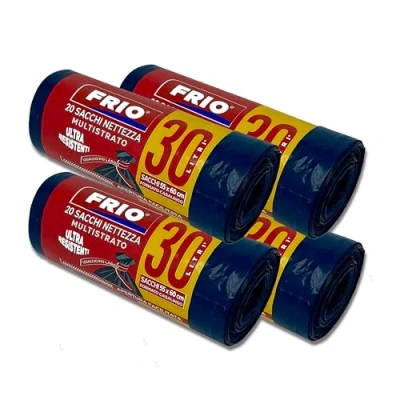 Imagen de FRIO Juego de 4 rollos 20 bolsas negras 30 litros, resistentes, para cubo basura, reciclaje, basura plástico con lazos 55 x 60 cm
