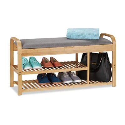 Imagen de Relaxdays Banco Recibidor, Zapatero Estrecho, Mueble Bambú, Asiento Acolchado, 50 x 100,5 33 cm, Gris y Marrón Natural, Gomaespuma, 1 Unidad