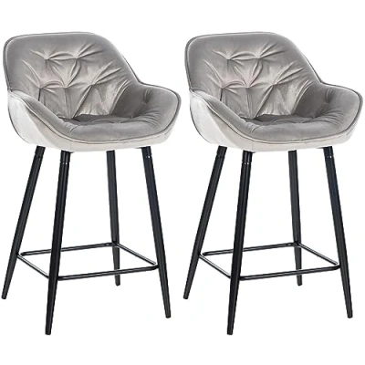Imagen de CLP Set De 2 Taburetes Bar Gibson 76 En Terciopelo I Sillas Altas Cocina con Reposapiés &amp; Base Metálica, Color:Gris