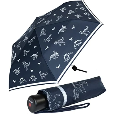 Imagen de Knirps 4Kids Paraguas de bolsillo para niños con ribete reflectante, Dinos reflectantes todo alrededor, 90 cm, Abrebotellas mano