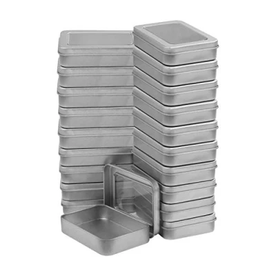 Imagen de Kurtzy Cajitas de Metal Plateado con Tapa (Pack 20) 9 x 6,3 1,8cm Set Cajas Regalo Pequeñas y Portátil sin Bisagra Contenedor Vacío Mini Rectángulo Kit Sobrevivencia Manualidades