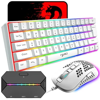 Imagen de KUIYN Teclado Compacto 60% con Cable para Juegos, 61 Teclas, 11 retroiluminación RGB, Teclas Completas, antifantasma, Cable, ratón óptico de Panal Abeja 2400 dpi + Adaptador convertidor