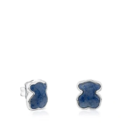 Imagen de TOUS Pendientes de Plata Primera Ley para Mujer con Cierre a Presión y Motivo 9mm en Cuarzo Dumortierita, Versátil Elegante, Colección Color