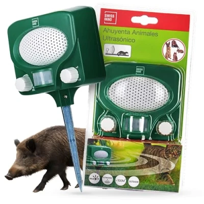 Imagen de SWISSINNO Ahuyentador Ultrasónico de animales, martas y gatos, resistente a la intemperie con detector movimiento para ciervos, perros, Animales