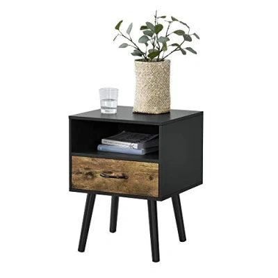 Imagen de [en.casa] Mesa Auxiliar Gävle Elegante Mesilla de Noche con Cajón y un Compartimento Abierto para Dormitorio Salón Aglomerado 57 x 42 40 cm Negro/Efecto Madera Oscura