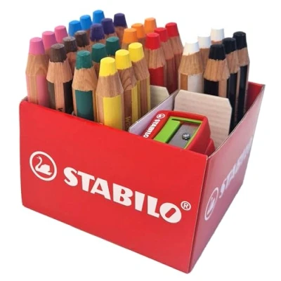 Imagen de STABILO Woody Lápices de colores, acuarela y cera, 3 en 1, caja 30 con 2 sacapuntas, 10 colores diferentes