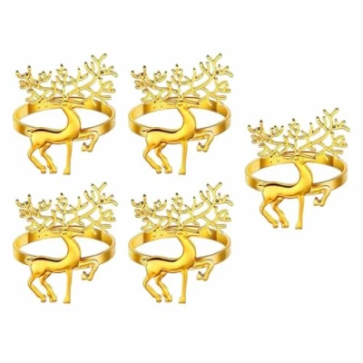 Imagen de 5 Servilleteros Navideños, Anillos con Hebilla de Servilleta Reno, Aleación Navideña, Usado para Decoración Mesa, Boda, Navidad, Cena Fiesta, Acción Gracias