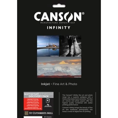 Imagen de Canson Infinity Somerset Discovery Pack, Papel fotográfico digital, Liso, Grano suave, Texturizado, 225, 240, 330, 83, 89, 122, Carpeta, A4 21 x 29.7 cm, Estuche de cartón impreso, Blanco, 8 hojas
