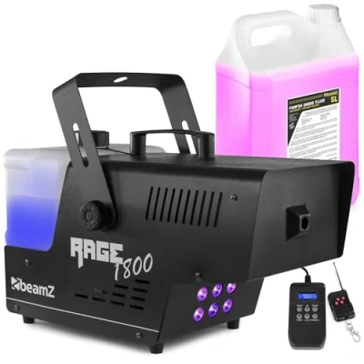Imagen de BeamZ RAGE1800LED Máquina de Humo con Efecto Luz, 1800 Watt, LEDs RGBW, Incluye 5 Litros Líquido Humo, Niebla Control Remoto por Radio, Temporizador DMX, Disco, Bodas, Eventos