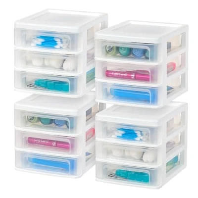 Imagen de IRIS USA Organizador de almacenamiento apilable plástico con 3 cajones, paquete 4, para Makep Vanity esmalte uñas, baño, papelería, suministros manualidades, cocina, oficina, garaje y