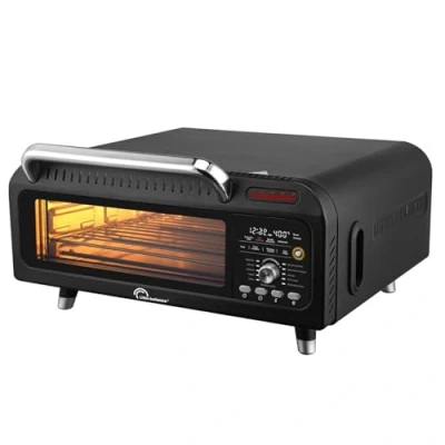 Imagen de LITTLE BALANCE 8733 Revolution&#039;Air, Horno de Pizza Eléctrico, Multifuncional, 3 en 1, Air Fryer, Grill, 10 modos cocción, 7 accesorios, Piedras para pizza, hasta 400 C, 2000 W, Negro