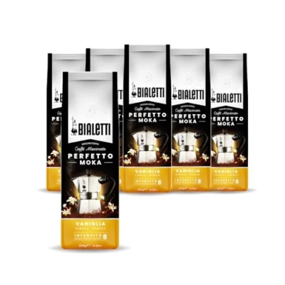 Imagen de Bialetti Perfetto Moka Vanilla: Café Molido Tueste Medio, Aroma de Vainilla,250 g x 6, Paquete con Válvula Unidireccional para Preservar el Sabor