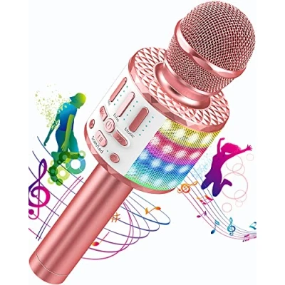 Imagen de Micrófono Karaoke Bluetooth, Microfono Inalámbrico con Altavoz y LED, Portátil para Niños Canta Partido Musica, Niñas Juguete de Regalo, Soporte Youtube, Skype, Android/iOS/PC/AUX