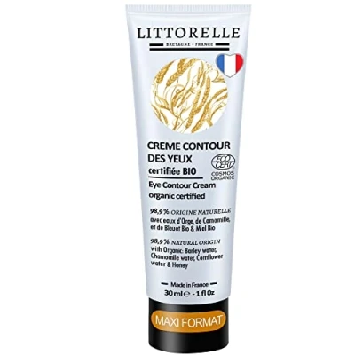 Imagen de Crema Contorno de Ojos Mujer y Hombre Maxi 30 ml Certificada Orgánica 99% Natural con Aloe Vera, Miel, Agua Cebada, Aciano Manzanilla Bio Antiarrugas, Anti Ojeras Bolsas Made in France