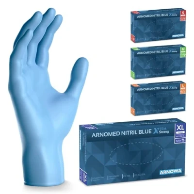 Imagen de ARNOMED guantes nitrilo extra fuerte talla XL, de 50% más gruesos, azul,100 uds/caja, sin polvo, látex, S, M, L y desechables
