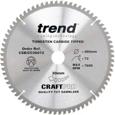 Imagen de Trend CraftPro Hoja de sierra circular TCT corte transversal con gancho negativo, 260 mm diámetro x 72 dientes 30 interior, punta carburo tungsteno, CSB/CC26072