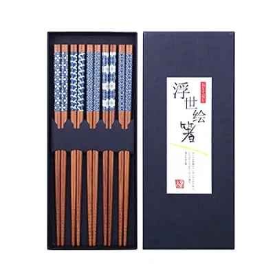 Imagen de HAUTOCO 5 pares de palillos chinos bambú estilo japonés, reutilizables, con caja, aptos para lavavajillas, 22,5 cm
