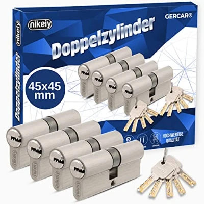 Imagen de GERCAR Juego de 4 cilindros para perfil, cierre uniforme, 90 mm, cilindro doble 45/45, latón mate, incluye 10 llaves, longitud: A: 45 x
