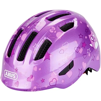 Imagen de ABUS casco infantil Smiley 3.0 de bicicleta con ajuste bajo, diseños adaptados a los niños y espacio para una coleta niñas morado dibujo búho, talla M