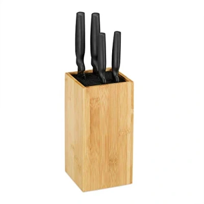 Imagen de Relaxdays Bloque Cuchillos con Cerdas, Soporte, hasta 6, Taco Universal, Organizador, Bambú Plástico, 24 x 12 cm, Marrón