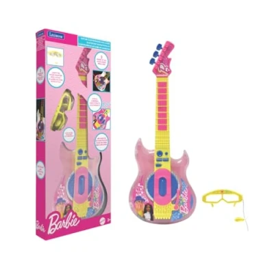 Imagen de Lexibook, Barbie, Guitarra electrónica con micrófono y Gafas para Cantar Estilo, 2 Modos de Juego, Melodías demostración, Efectos luz, Rosa/Amarillo, K260BB