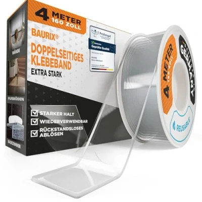Imagen de BAURIX® Cinta doble cara [4m] de extrafuerte Adhesivo transparente y lavable Adhesiva versátil